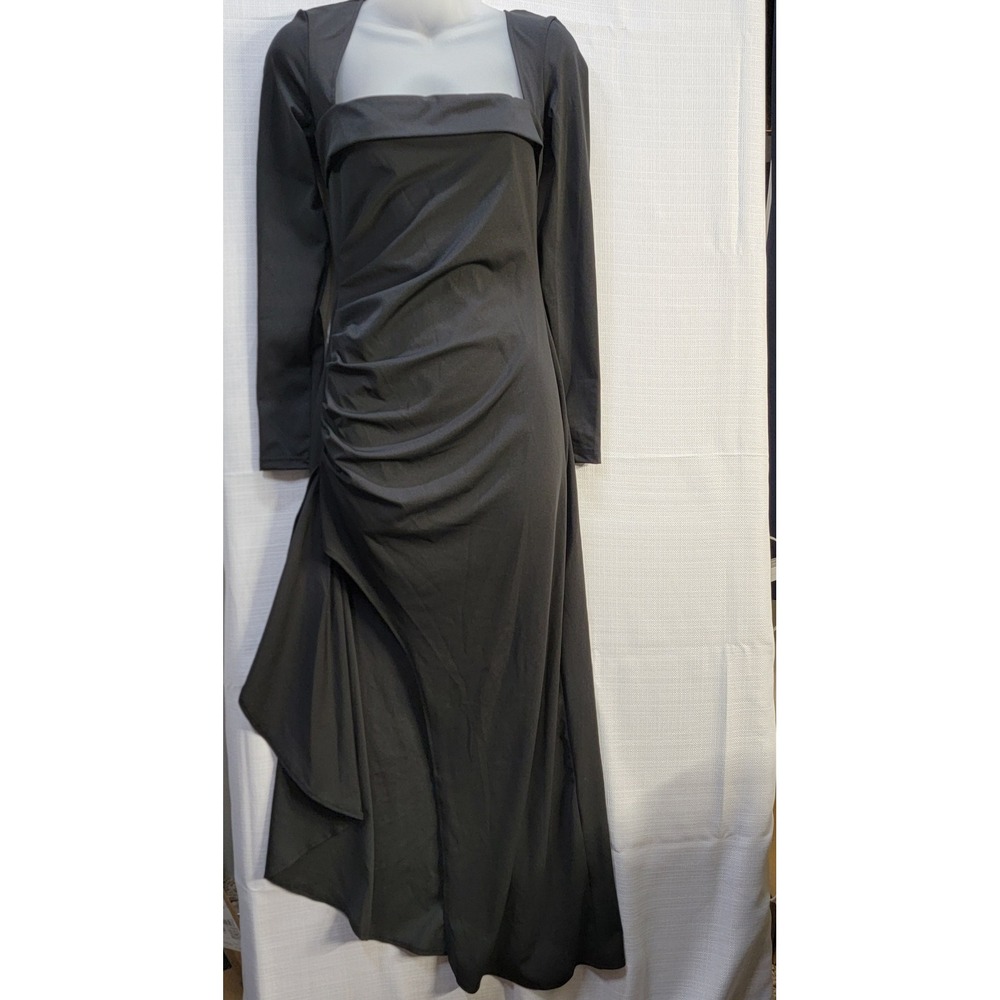 Chic Black Long-Sleeve Ruched Bodycon Midi Dress S/M